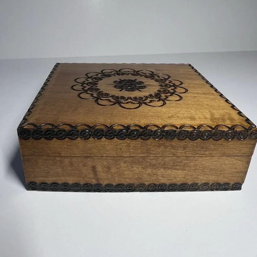 Vintage Polish Hand Carved Hot Stamped Wood Jewelry Box 4.5